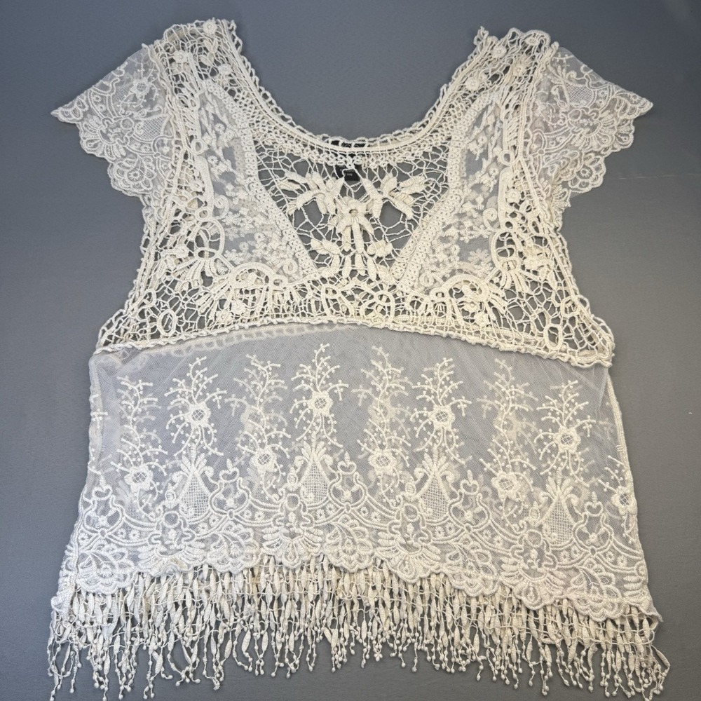 Vtg 90s Sheer Crochet Cream Beige Off White Boho Hippie Lace Top 2X-3X